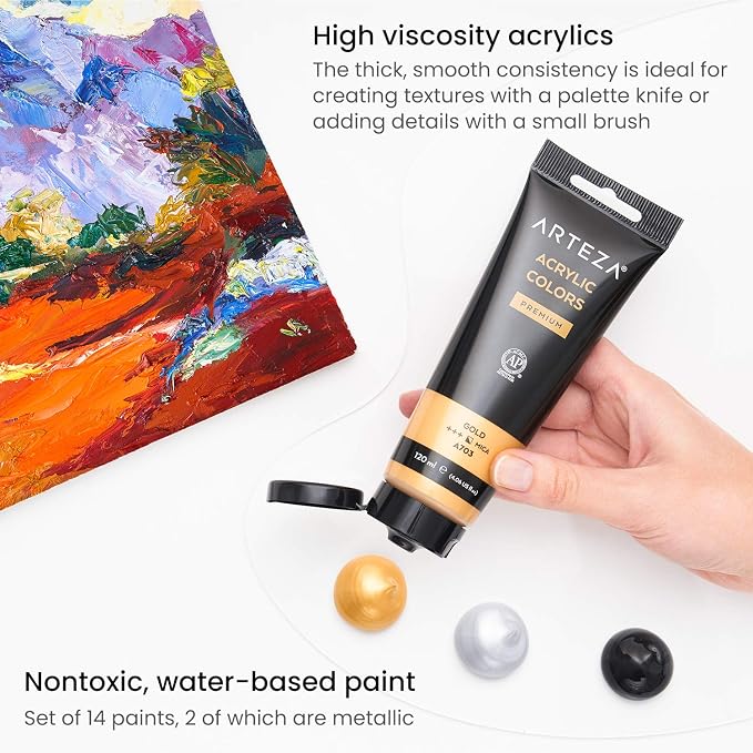 ARTEZA Acrylic Paint Set of 14 Colors, 4.06 Ounce Tubes, Non-Toxic Acrylic - Image 4