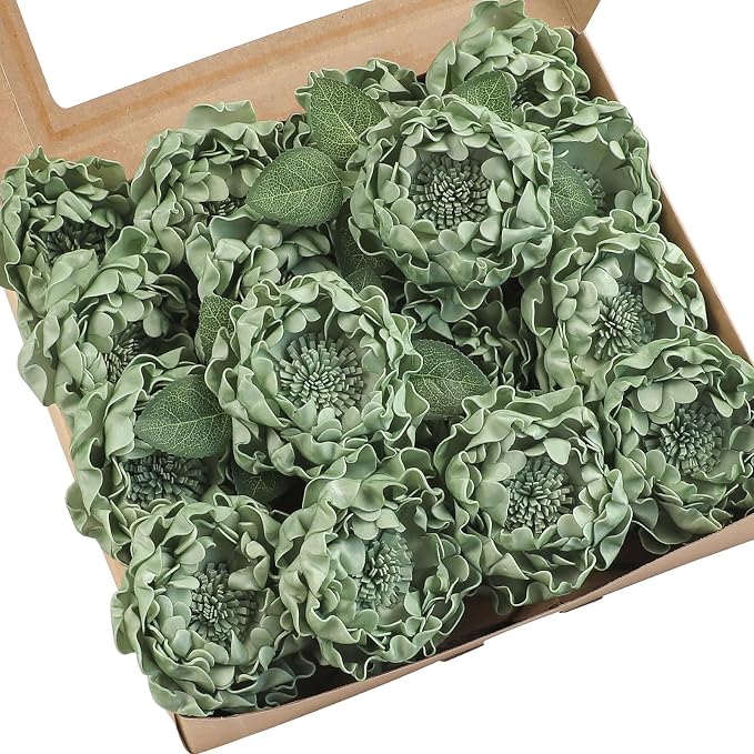 Floroom Artificial Flowers 16pcs 4" Elf Green Blooming Peonies Real Looking by Floroom