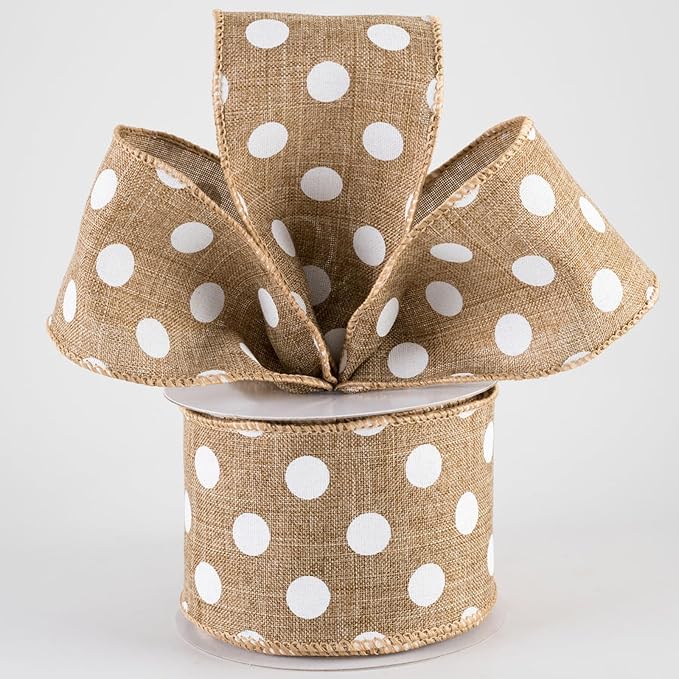 Burlap Ribbon Wired, Farmhouse Rustic White Dots Ribbon - Image 6