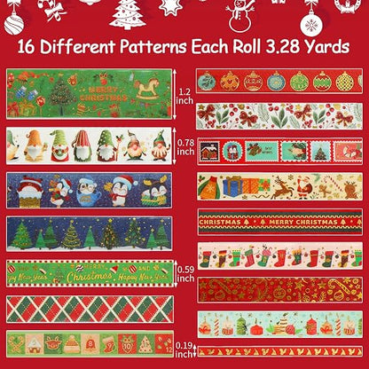 16 Rolls Christmas Washi Tape Holiday Masking Tape 4 Sizes Red Green Christmas - Image 4