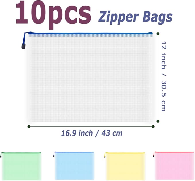 AUSTARK 10 Pcs Zipper File Bags, Waterproof Plastic Mesh Pouch - Image 2