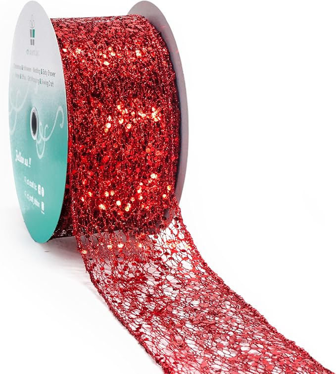 CT CRAFT LLC Sparkling Glitter Mesh Wired Ribbon 2.5" x 20 Yards Red by CTCRAFTLLC