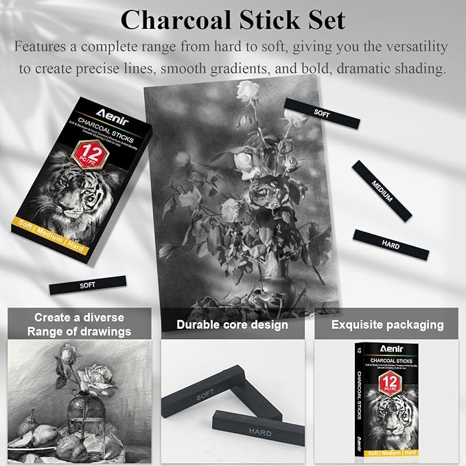 Compressed Charcoal Sticks Set of 12 – Soft, Hard Charcoal - Image 6