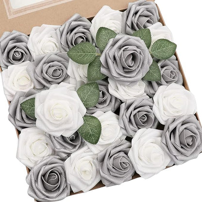 Floroom Artificial Flowers 25pcs Real Looking Shimmer Silver Grey Foam Fake by Floroom