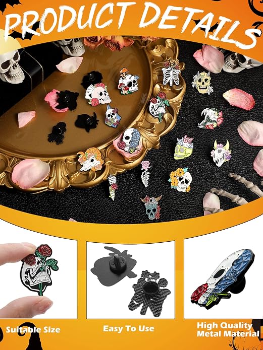 BBTO 20 Pieces Enamel Pins Skull Spooky Skeleton Enamel Pins Set Black - Image 3