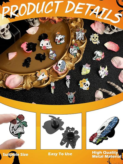 BBTO 20 Pieces Enamel Pins Skull Spooky Skeleton Enamel Pins Set Black - Image 3