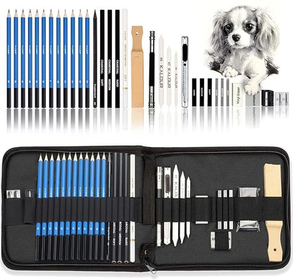 KALOUR 33 Pro Drawing Kit Sketching Pencils Set, Portable Zippered Travel by KALOUR