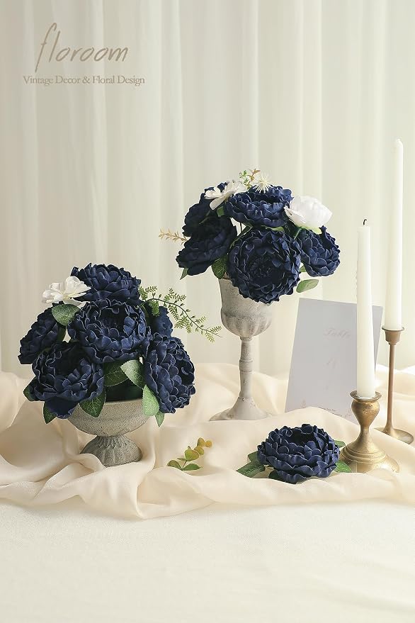 Floroom Artificial Flowers 16pcs 4" Navy Blue Blooming Peonies Real Looking - Image 2