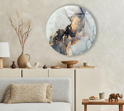 My Photostation.com 31.5'' Diameter Gold Details Gray Marble Round Glass Wall by MyPhotostation