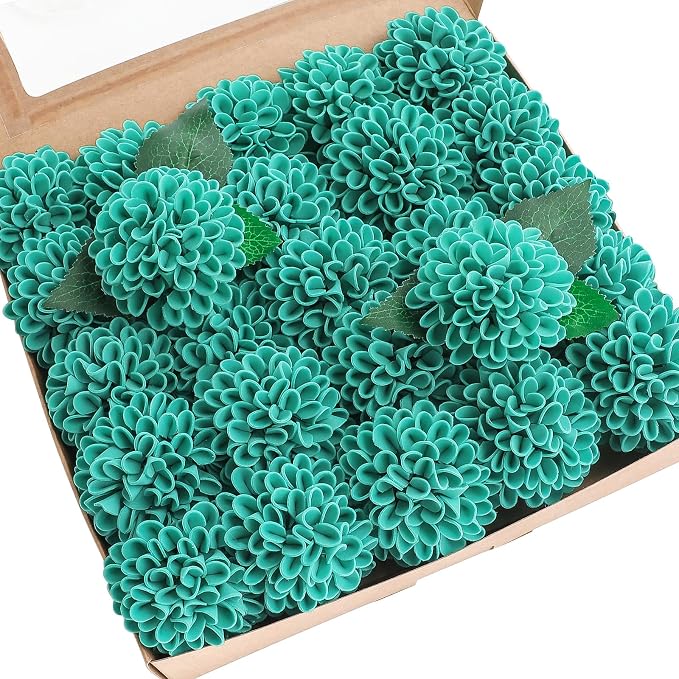 Floroom Artificial Dahlia Flowers 25pcs Real Looking Teal Green Foam Fake Roses by Floroom
