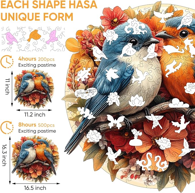Wooden Puzzle for Adults, Twin Birds Jigsaw Puzzles 500 Piece, Unique Shapes - Image 2