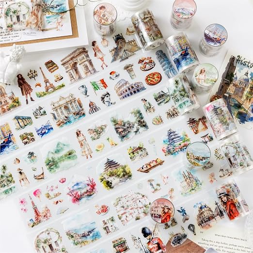 6 Rolls PET Tape Stickers for Scrapbook Supplies, Self-Adhesive Travel Theme - Image 2