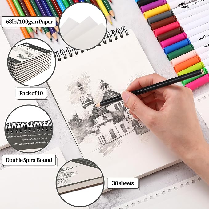 Jexine 20 Pcs 5.5'' x 8.5'' Top Spiral Bound Sketch Book 30 Sheet Each - Image 4