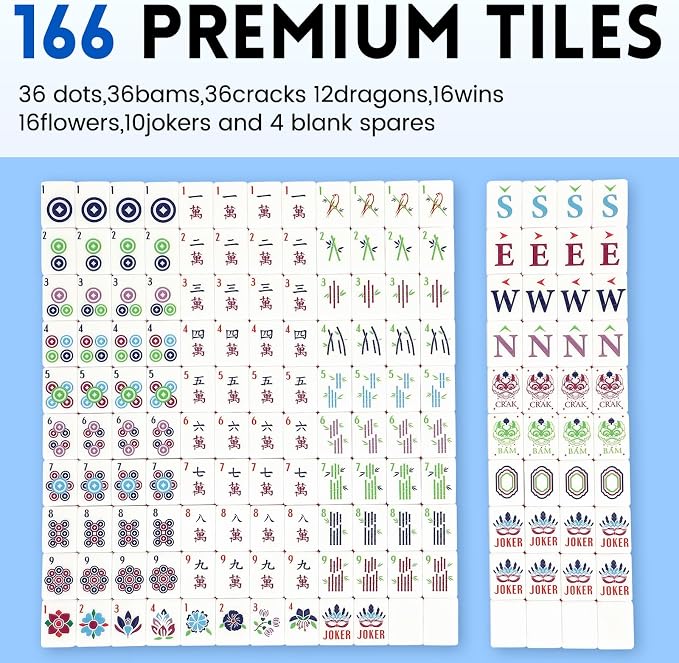 American Mahjong Tile Set, 166 Tiles White Blue Acrylic Carving Tiles, Mahjong - Image 2