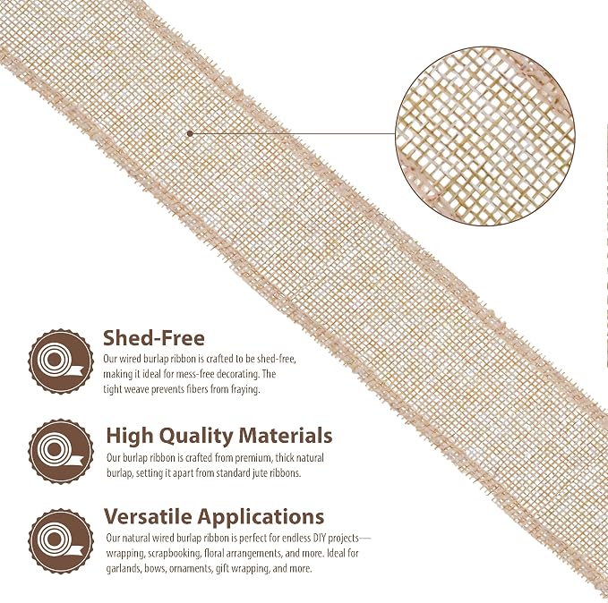 Mandala Crafts Natural Burlap Wired Ribbon 2 Inches Wide Jute Ribbons - Image 3