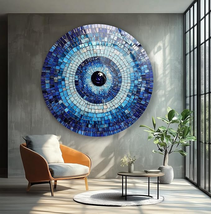 My Photostation.com 10'' Diameter Blue Mosaic Evil Eye Round Glass Wall Art by MyPhotostation