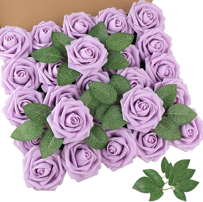 AmyHomie 25pcs Real Looking Artificial Lavender Roses w/Stem by AmyHomie