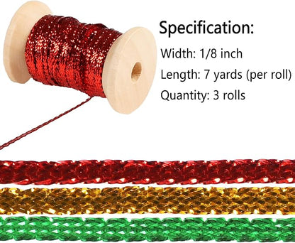 Christmas Set Thin Ribbon 1/8 inch Metallic Braided Double Faced Ribbons - Image 2