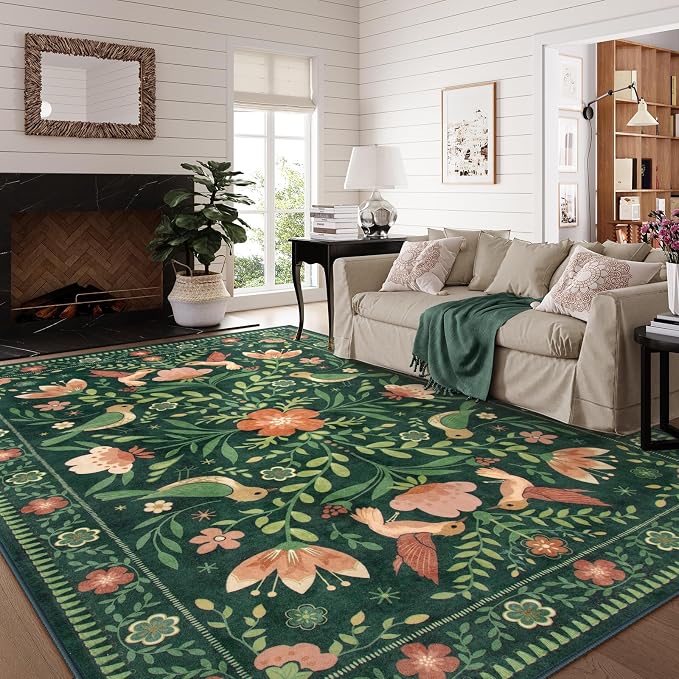 Morebes Washable Rugs 9x12 for Living Room, Large Bird Floral Area Rug Non Slip by Morebes