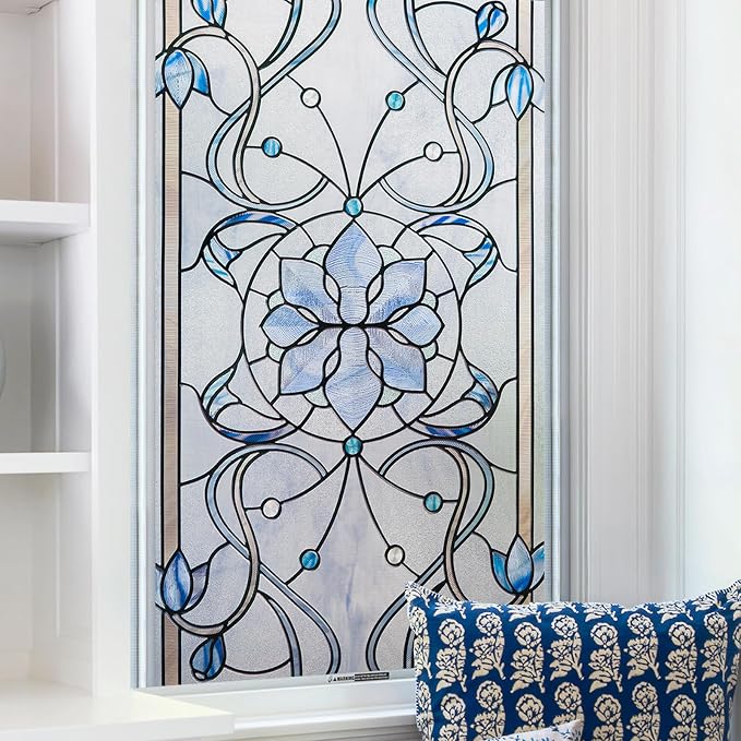 3D Stained Glass Window Privacy Film, Heat Control UV Blocking Static Cling by OHTMERU