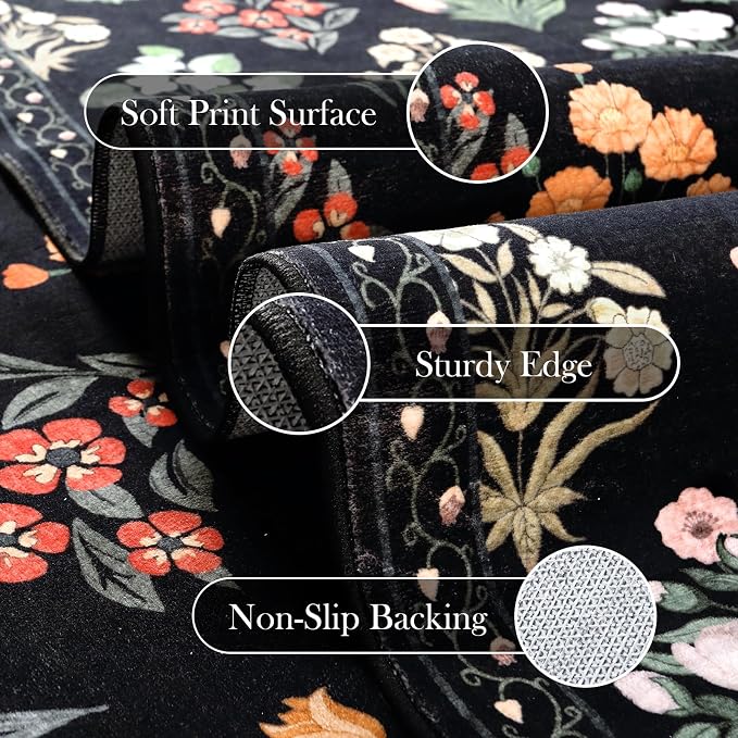 Wonnitar Floral Print 8x10 Washable Rug, Non Slip Black Dining Room Rug - Image 3