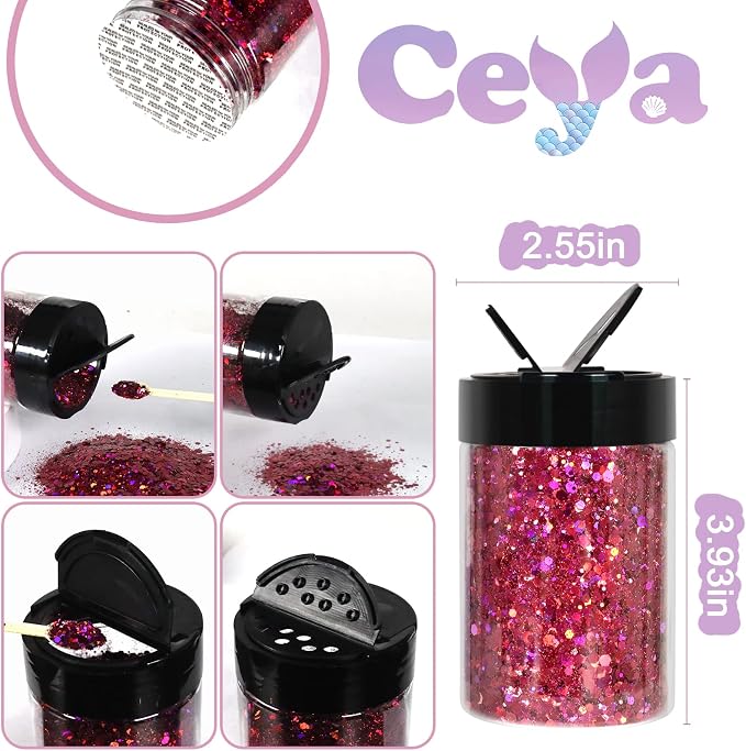 Ceya Holographic Chunky Glitter 4.9oz/ 140g Rose Red Craft Glitter Powder Mixed - Image 4