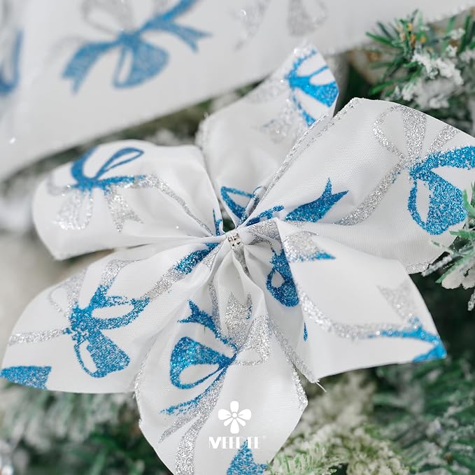 MEEDEE Blue & Silver Christmas Ribbon, 2.5 Inch Wired Satin Ribbon - Image 6