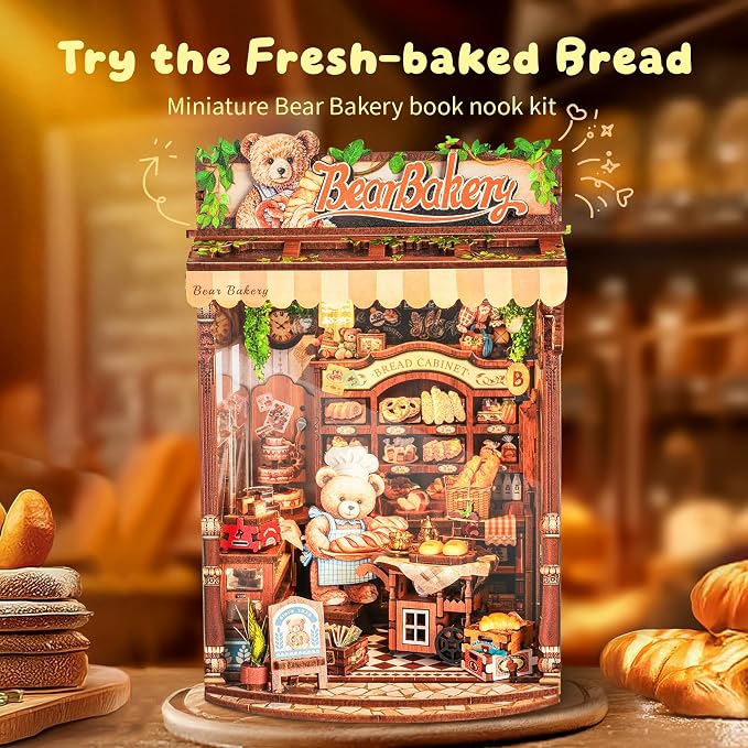 3D Wood Puzzle Bear Bakery LED Dollhouse Book Nook Kit - Image 2