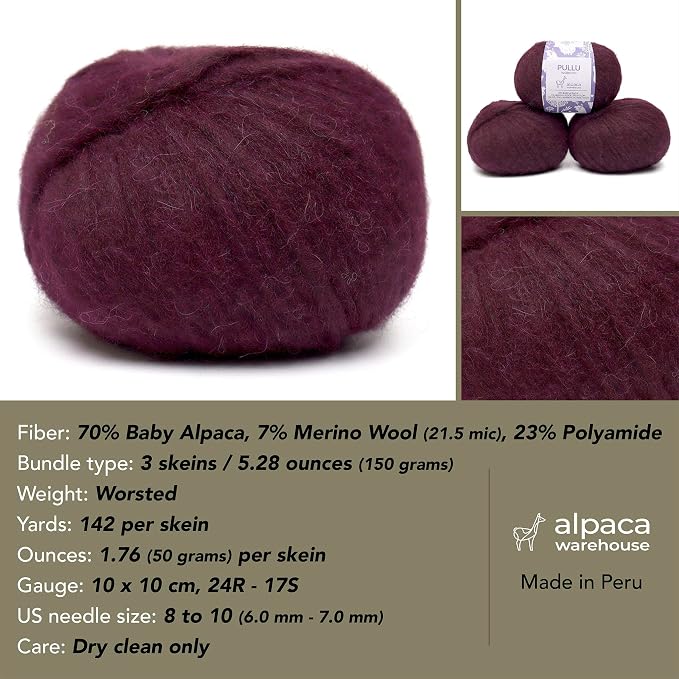 Pullu - Baby Alpaca Merino Wool Yarn Set of 3 Skeins Worsted Weight - Sourced - Image 3