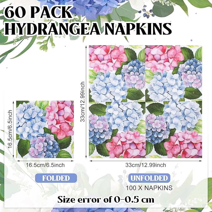 60 Pcs Hydrangea Cocktail Paper Napkins 6.5 x 6.5 Inches Disposable Paper - Image 2