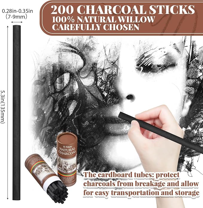 Gueevin 200 Pcs Willow Charcoal Sticks, Willow Charcoal, and Fine Art Christmas - Image 2