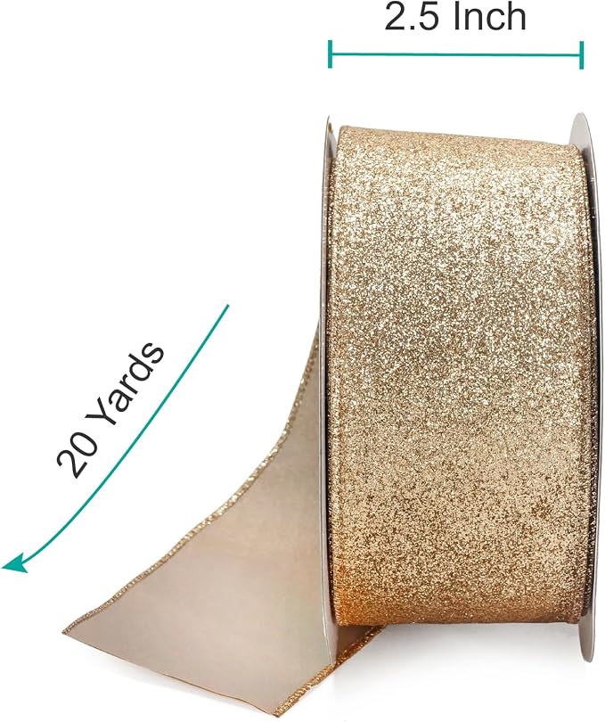 CT CRAFT LLC Glitter Wired Ribbon 2.5" x 20 Yards Gold - Image 2