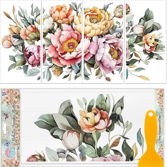 GLOBLELAND 4 Sheets Spring Peony Flowers Furniture Transfer 11.8x5.9inch by GLOBLELAND