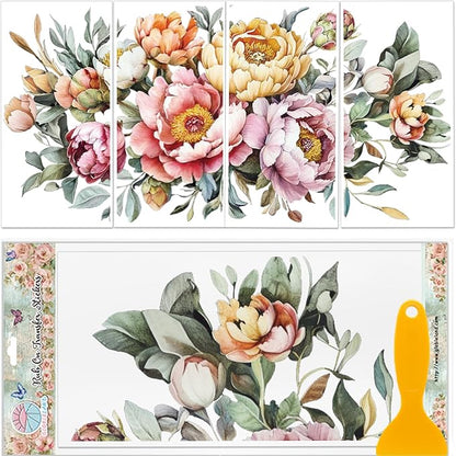 GLOBLELAND 4 Sheets Spring Peony Flowers Furniture Transfer 11.8x5.9inch by GLOBLELAND