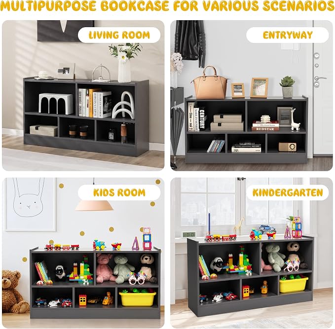 KOTEK Toy Storage Organizer, 5 Cubby Kids Bookshelf, Wooden 3-Tier Bookcase - Image 8