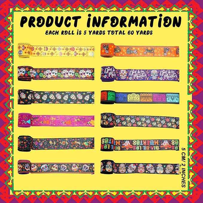 12 Rolls 60 Yards Day of The Dead Wired Edge Ribbons Black Purple Sugar Skull - Image 2