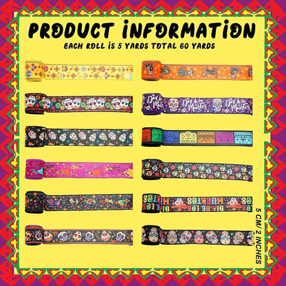 12 Rolls 60 Yards Day of The Dead Wired Edge Ribbons Black Purple Sugar Skull - Image 2