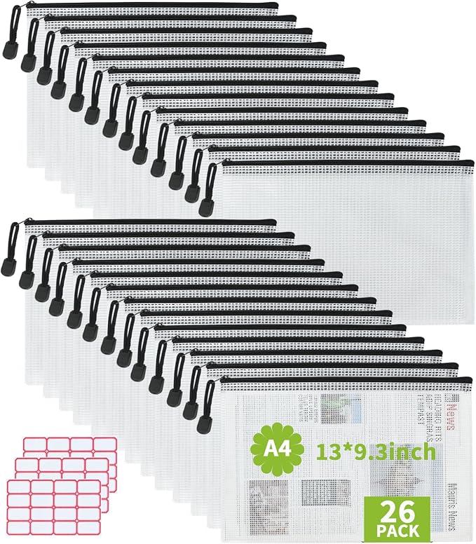 Vuzvuv 26pcs A4 Size 13"x 9.3" Mesh Zipper Pouch Zipper Bags, Document File by Vuzvuv