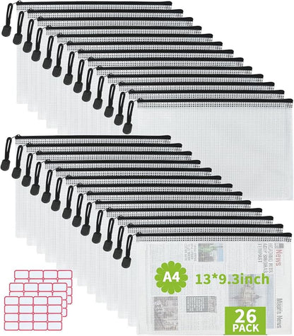 Vuzvuv 26pcs A4 Size 13"x 9.3" Mesh Zipper Pouch Zipper Bags, Document File by Vuzvuv
