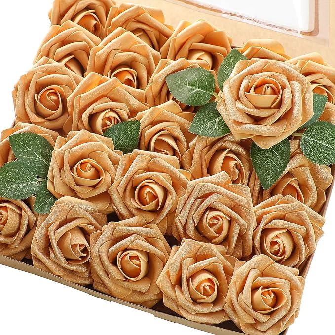 Floroom Artificial Flowers 50pcs Real Looking Gold Foam Fake Roses by Floroom