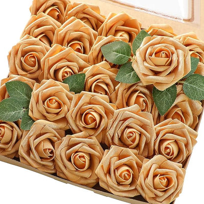Floroom Artificial Flowers 50pcs Real Looking Gold Foam Fake Roses by Floroom