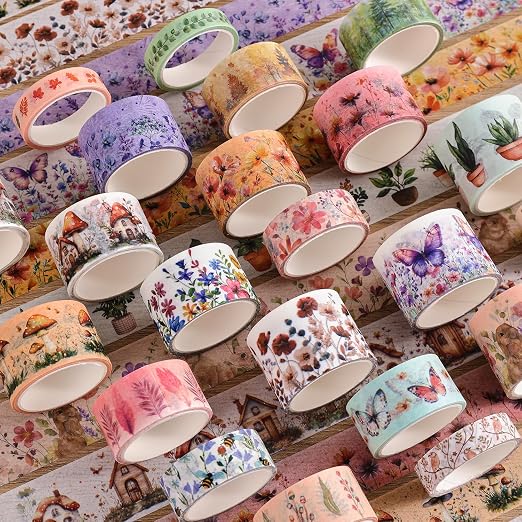27 Rolls Vintage Washi Tape Set, Floral Butterfly Forest Mushroom Botanical - Image 5