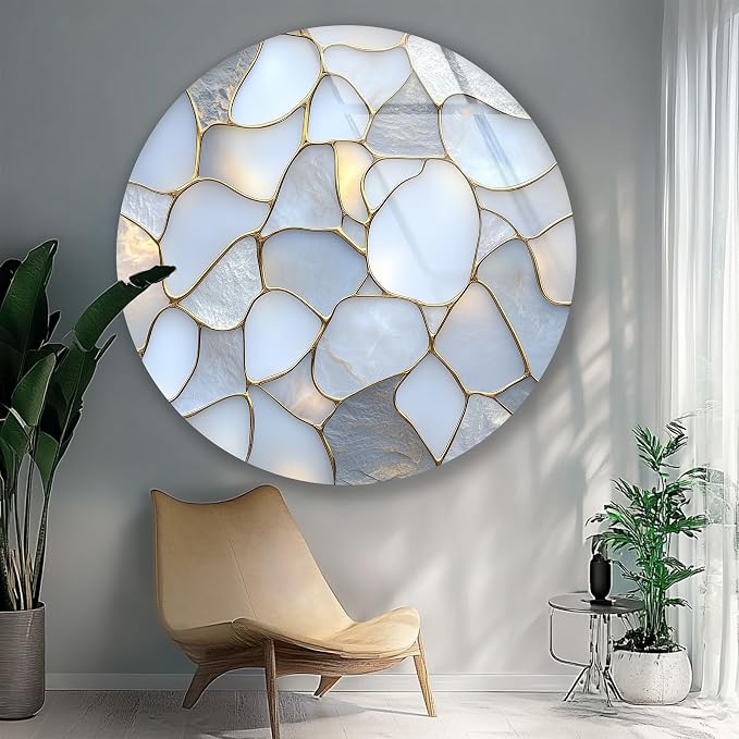 My Photostation.com 20'' Diameter White Stone Mosaic Round Glass Wall Art - Image 2