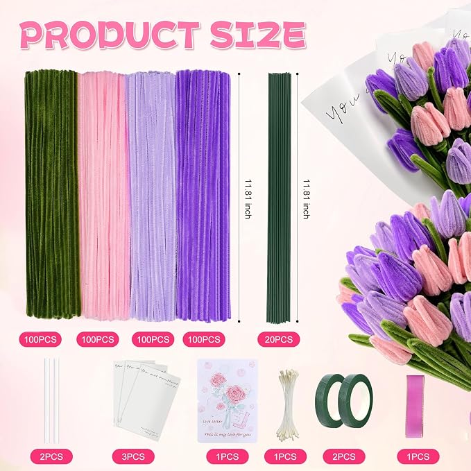 400 Pcs Chenille Stems Flowers Craft Kit, 4 Colors Soft Pipe Cleaners Bulk - Image 4