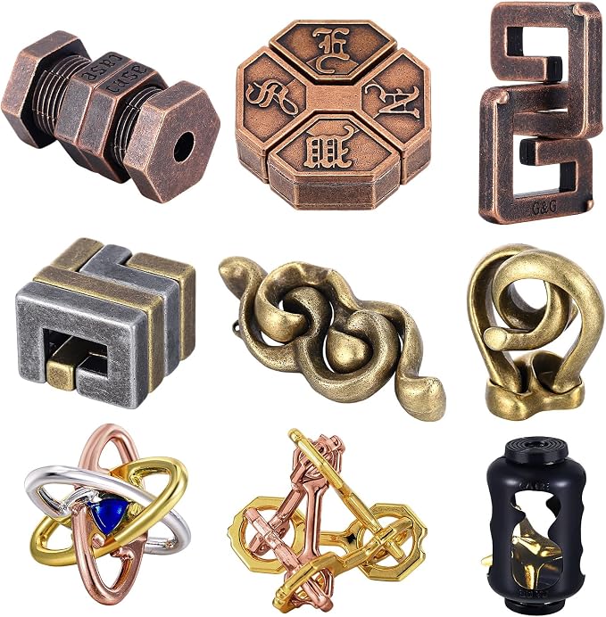 Wettarn 9 Pcs Metal Brain Teaser Puzzles Teaser 3D Steel Puzzle by Wettarn