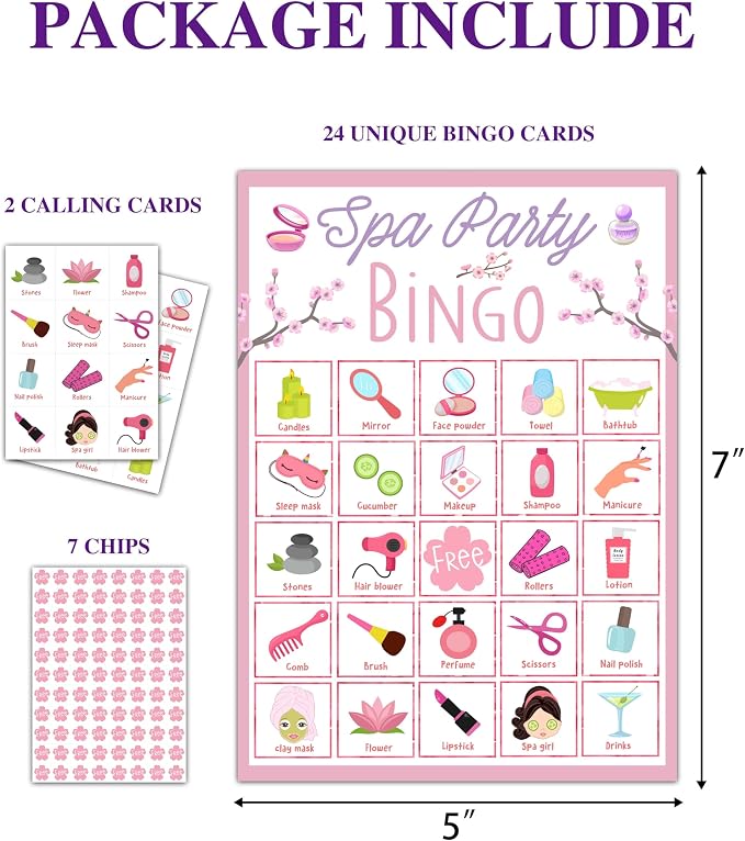 Spa Bingo Game, Sleep Over Party Games Bingo Cards - Image 2
