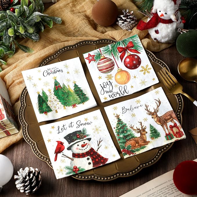 Janlaugh 200 Pcs Christmas Paper Cocktail Napkins Disposable 2 Ply Xmas Style - Image 7