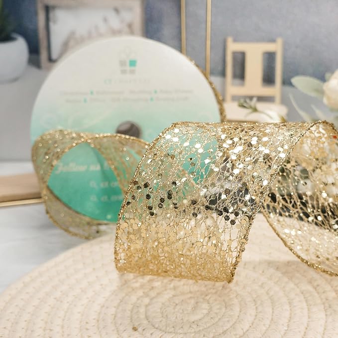 CT CRAFT LLC Sparkling Glitter Mesh Wired Ribbon 2.5" x 20 Yards Gold - Image 7
