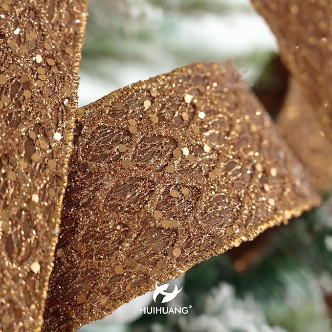 HUIHUANG Glitter Copper Wired Ribbon 2.5 inch Copper Diamond Mesh Wire Edge - Image 4