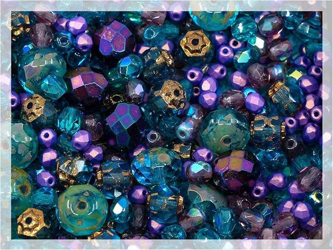 1.8oz of Blue Purple Mix of Czech Faceted Fire Polished Beads by CzechBeadsManufacturer